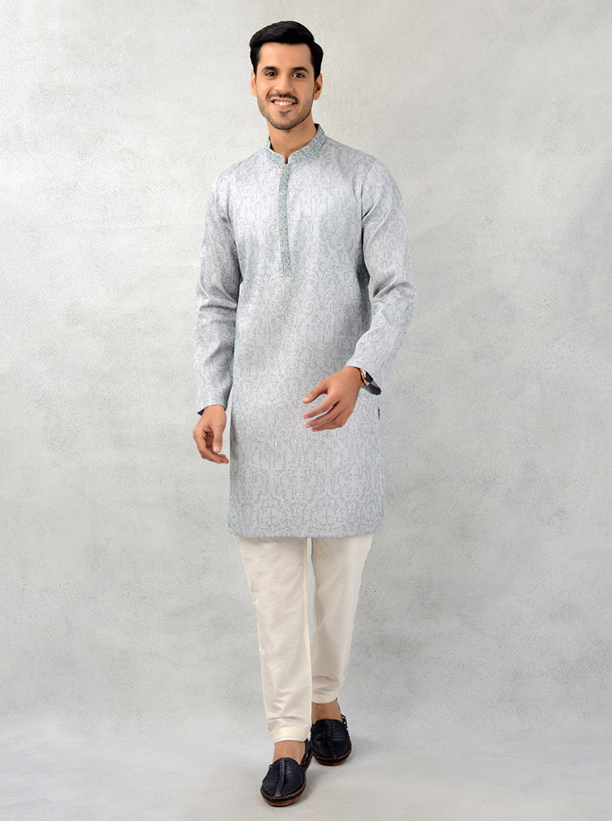 Elegant grey kurta pajama designed for weddings and mehndi ceremonies, perfect for stylish celebrations in the USA.