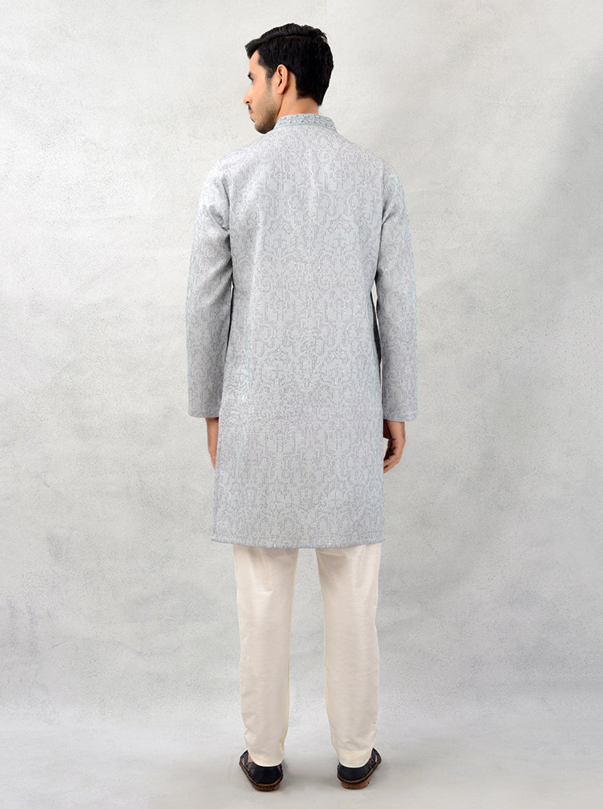 Stylish grey kurta pajama featuring intricate embroidery, perfect for cultural events and upscale gatherings.