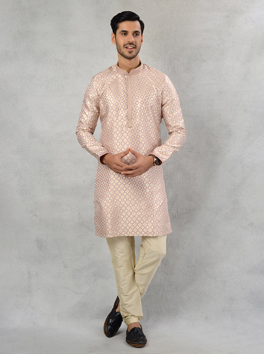 Men's Silk Jacquard Kurta Pajama in Cream Wine Gold, Classic Straight Cut for Festive Wear