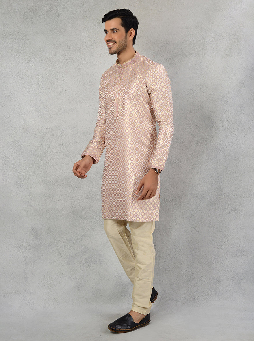 Elegant Cream Wine Gold Silk Jacquard Kurta Pajama for Men, Self-Design for Special Occasions