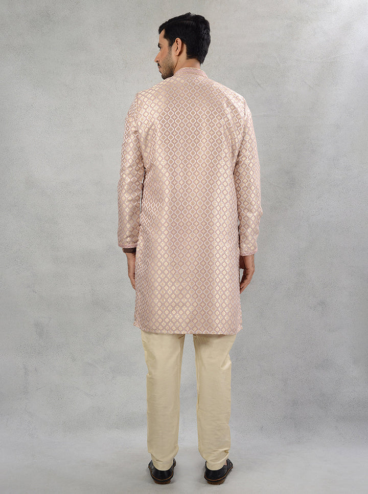 Men's Silk Jacquard Kurta Pajama in Cream Wine Gold, Ideal for Diwali and Weddings