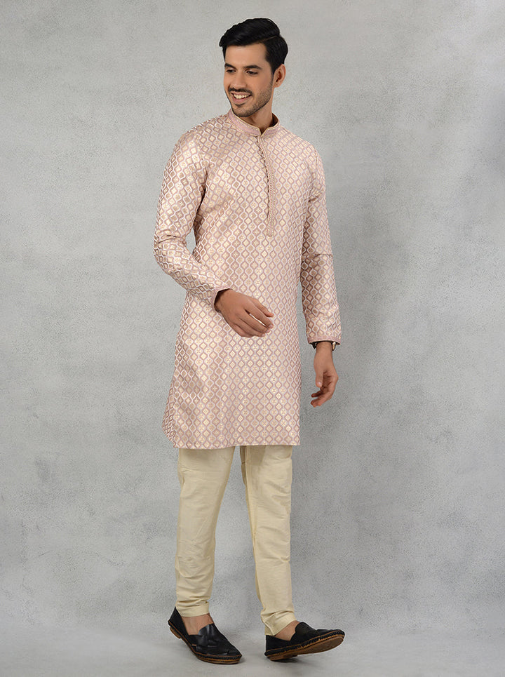 Cream Wine Gold Silk Jacquard Kurta Pajama for Men, Self-Design Pattern for Traditional Wear