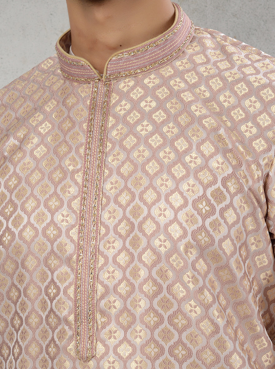 Classic Straight Cut Silk Jacquard Kurta Pajama for Men in Cream Wine Gold, Festive Wear