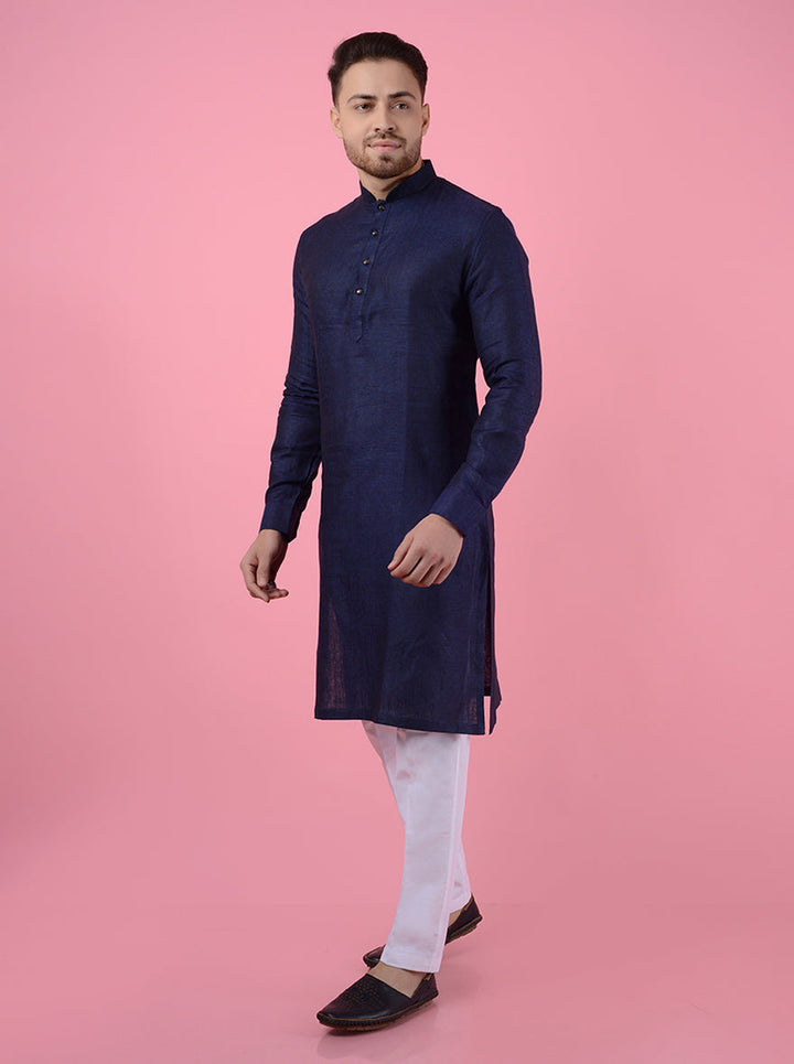 Navy blue kurta pajama for men, featuring full sleeves and a classic fit for traditional occasions.