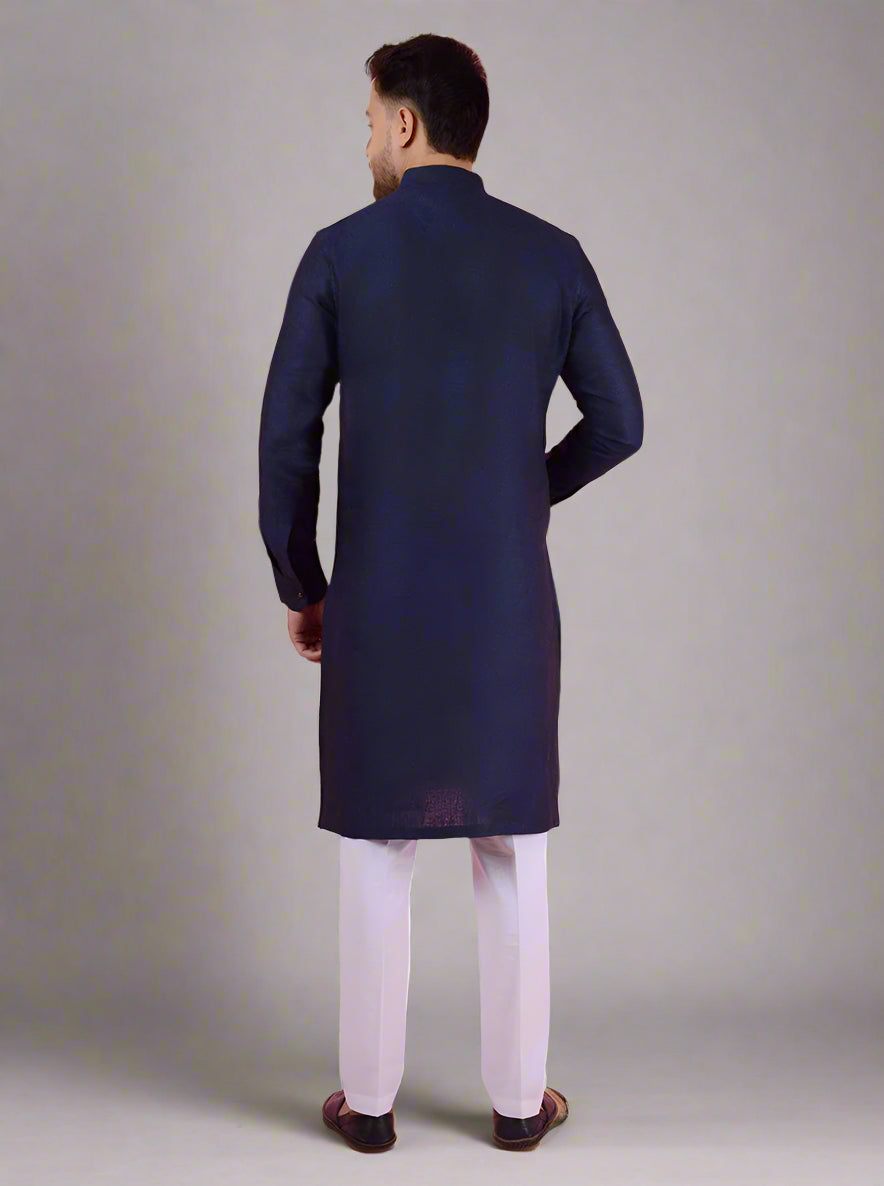 Men's navy blue kurta pajama with full sleeves, offering a traditional and stylish look.