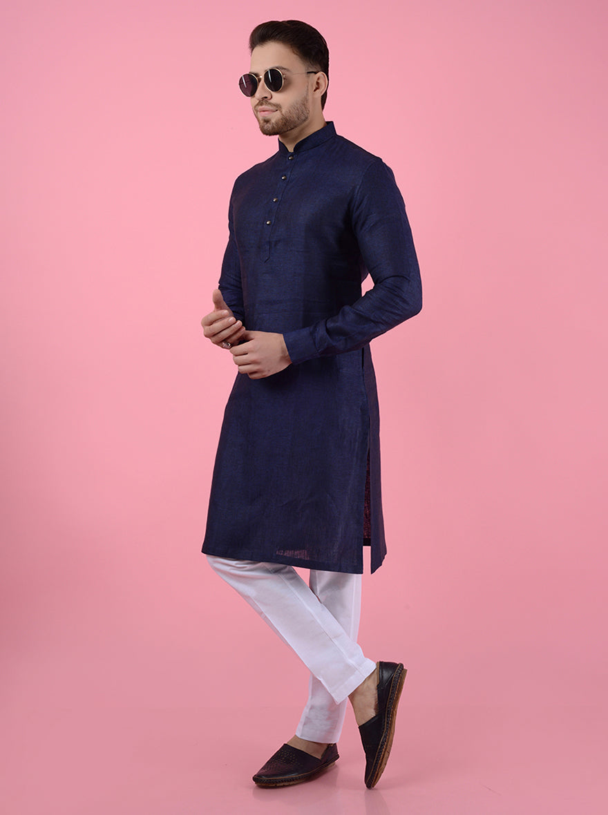 Men's navy blue kurta with classic fit and full sleeves, ideal for traditional events.