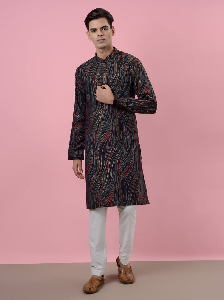 Stylish black kurta pajama for men, ideal for festive gatherings in the USA.