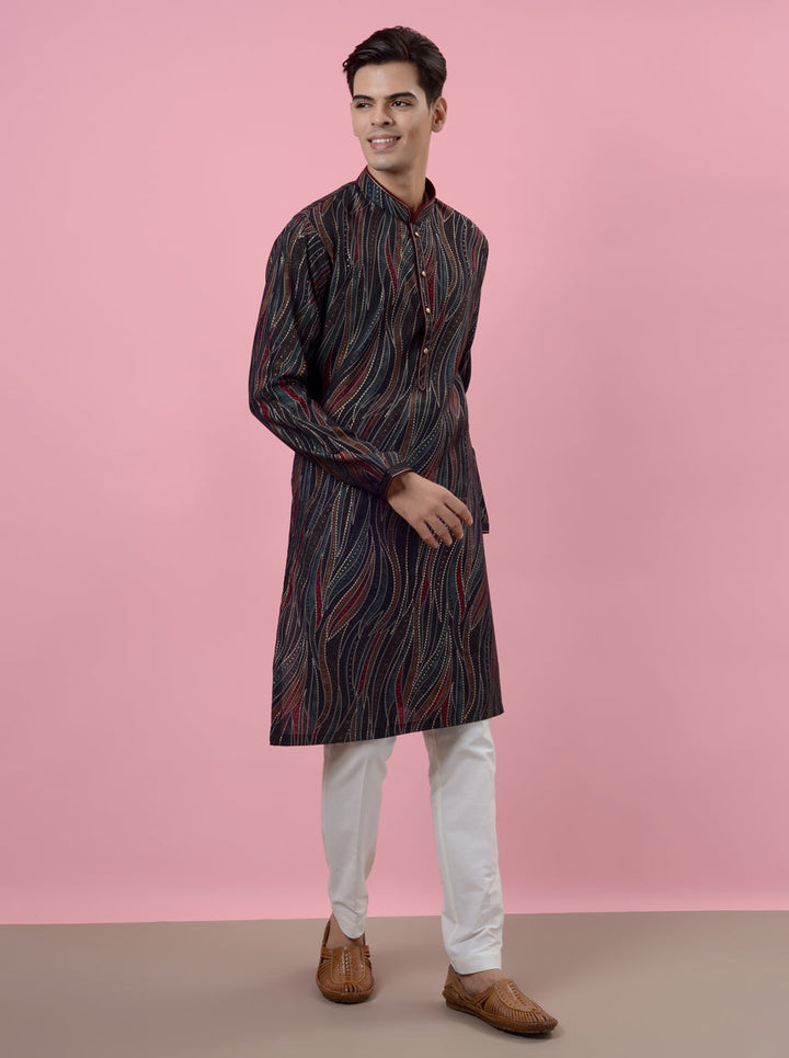 Black kurta pajama for men, designed to shine at sangeet celebrations in the USA.