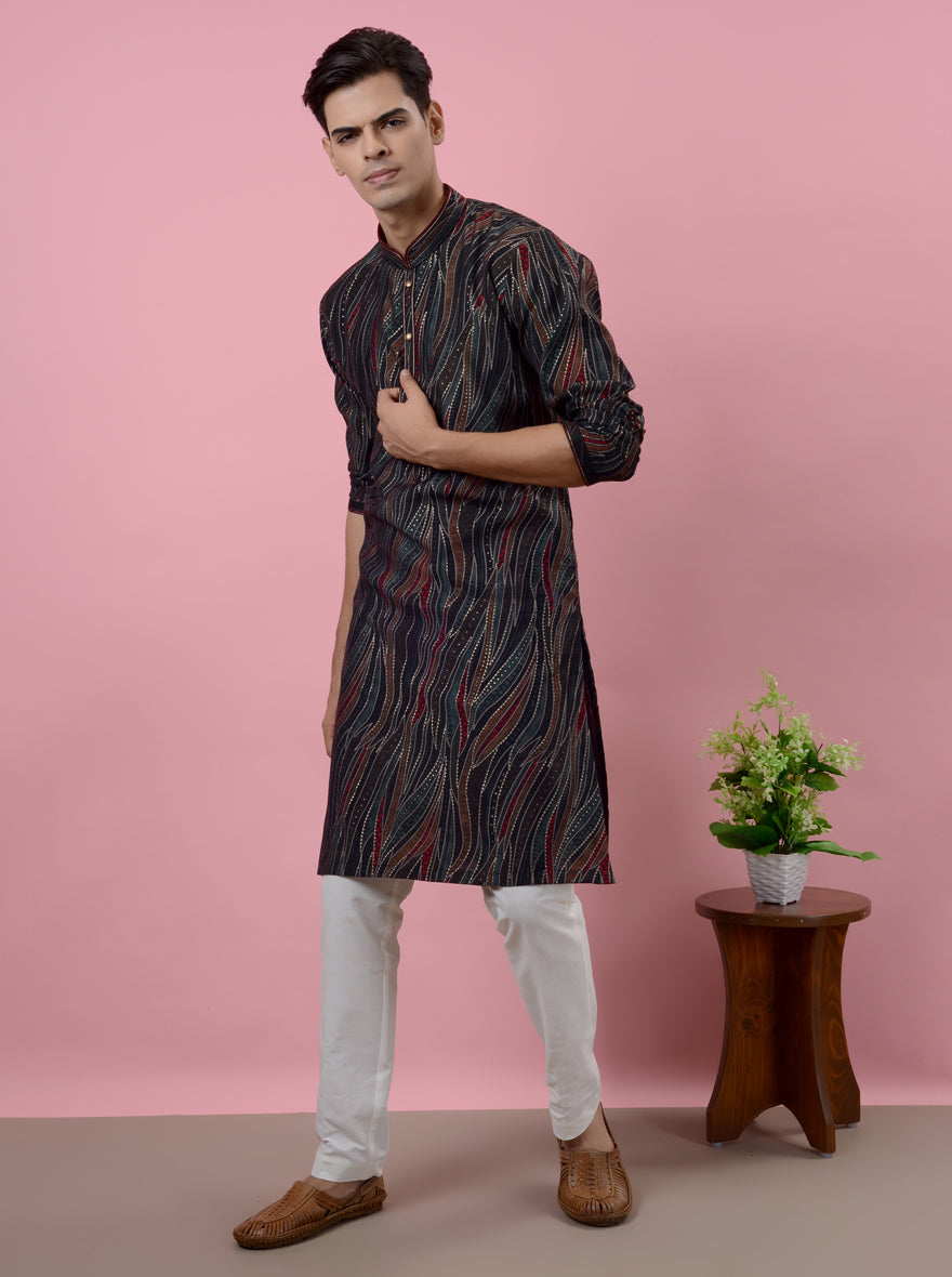 Elegant black kurta pajama designed for sangeet and garba events, blending tradition with modern style.