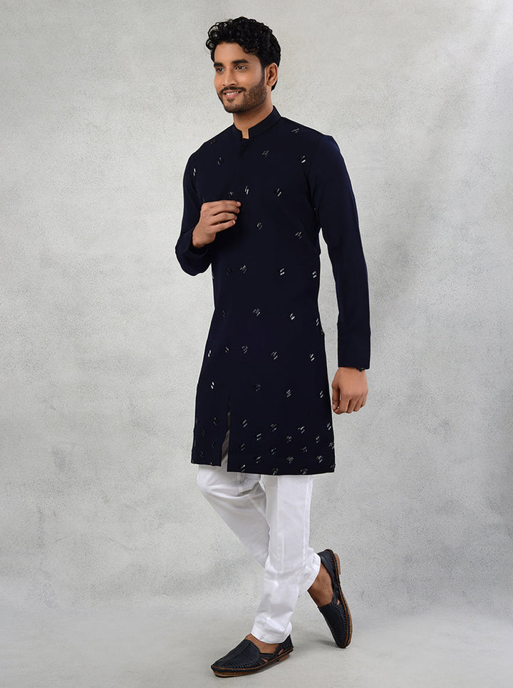 Elegant deep blue kurta pajama set for men, perfect for special events.