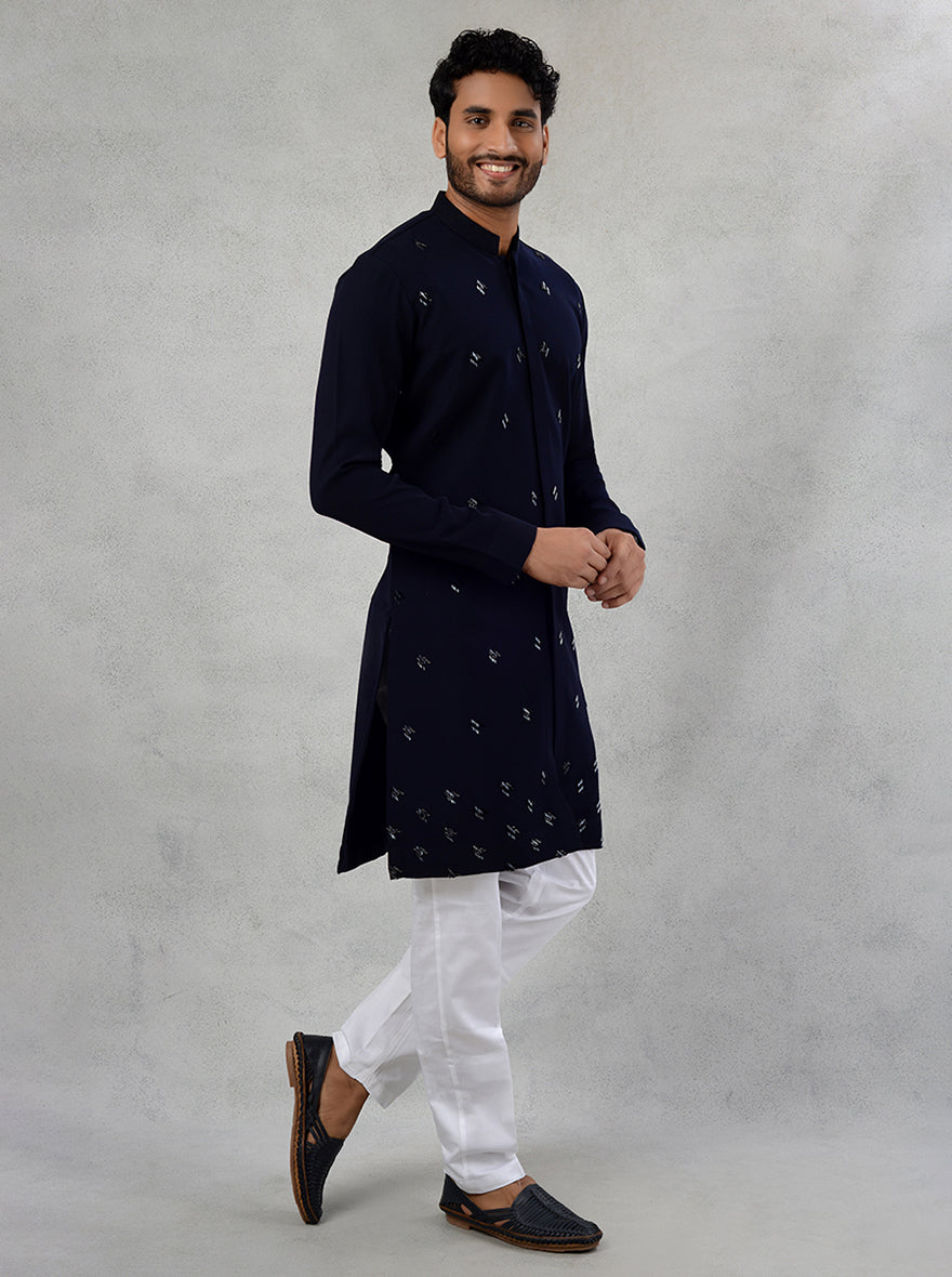 Men's Deep Blue Embroidered Kurta Pajama with Open Style, Ideal for Sangeet Celebrations