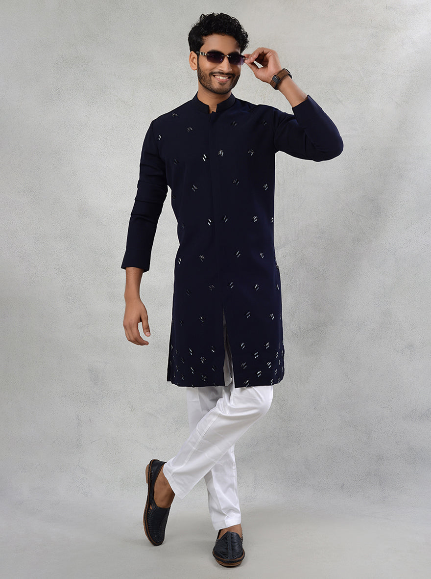 Elegant Deep Blue Kurta Pajama for Men with Sali Work, Perfect for Sangeet and Ethnic Wear