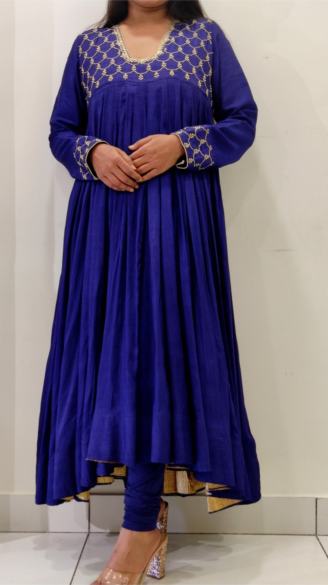 Elegant royal blue Morni Anarkali dress crafted from luxurious Tussar silk, adorned with intricate Aari work.