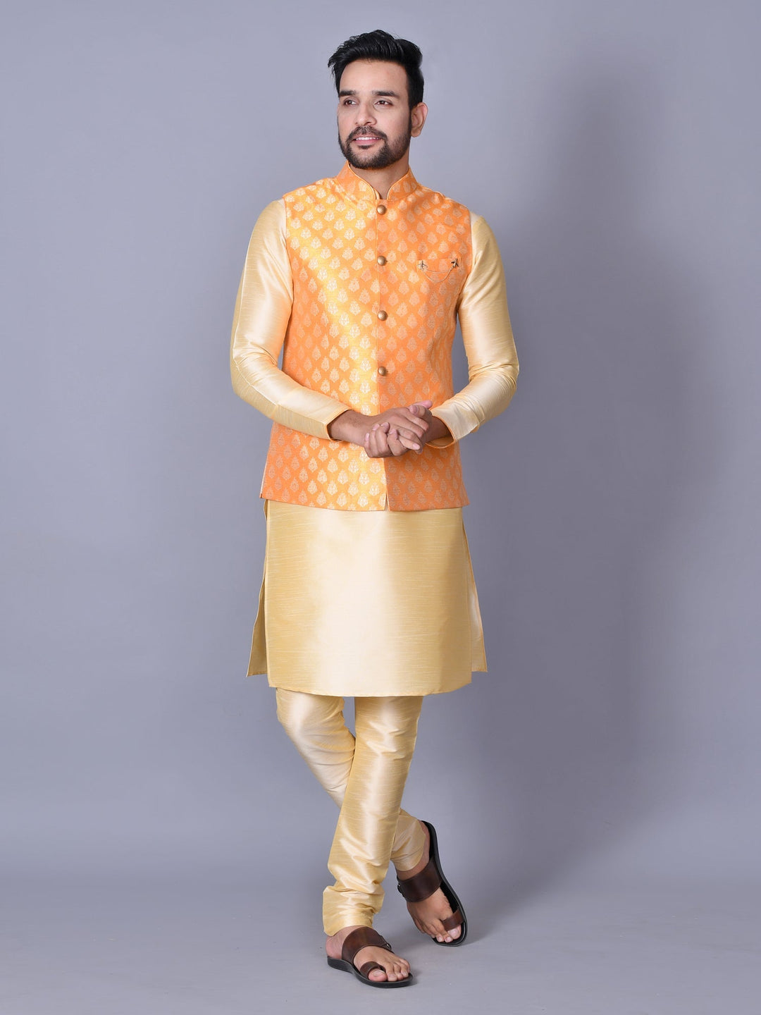 Ethnic Motifs Jacket Kurta Set | Festive Dupion Silk Churidar Ensemble