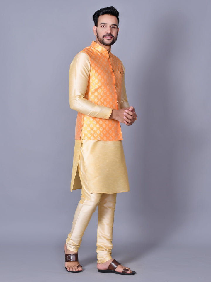 Ethnic Motifs Jacket Kurta Set | Festive Dupion Silk Churidar Ensemble