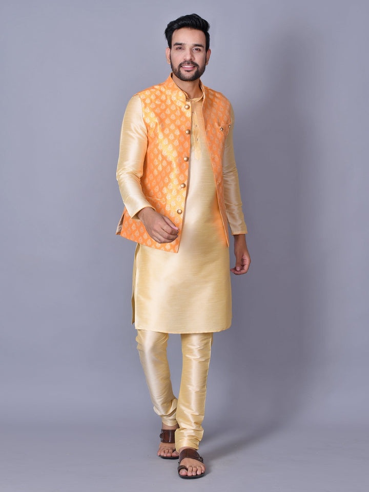 Ethnic Motifs Jacket Kurta Set | Festive Dupion Silk Churidar Ensemble