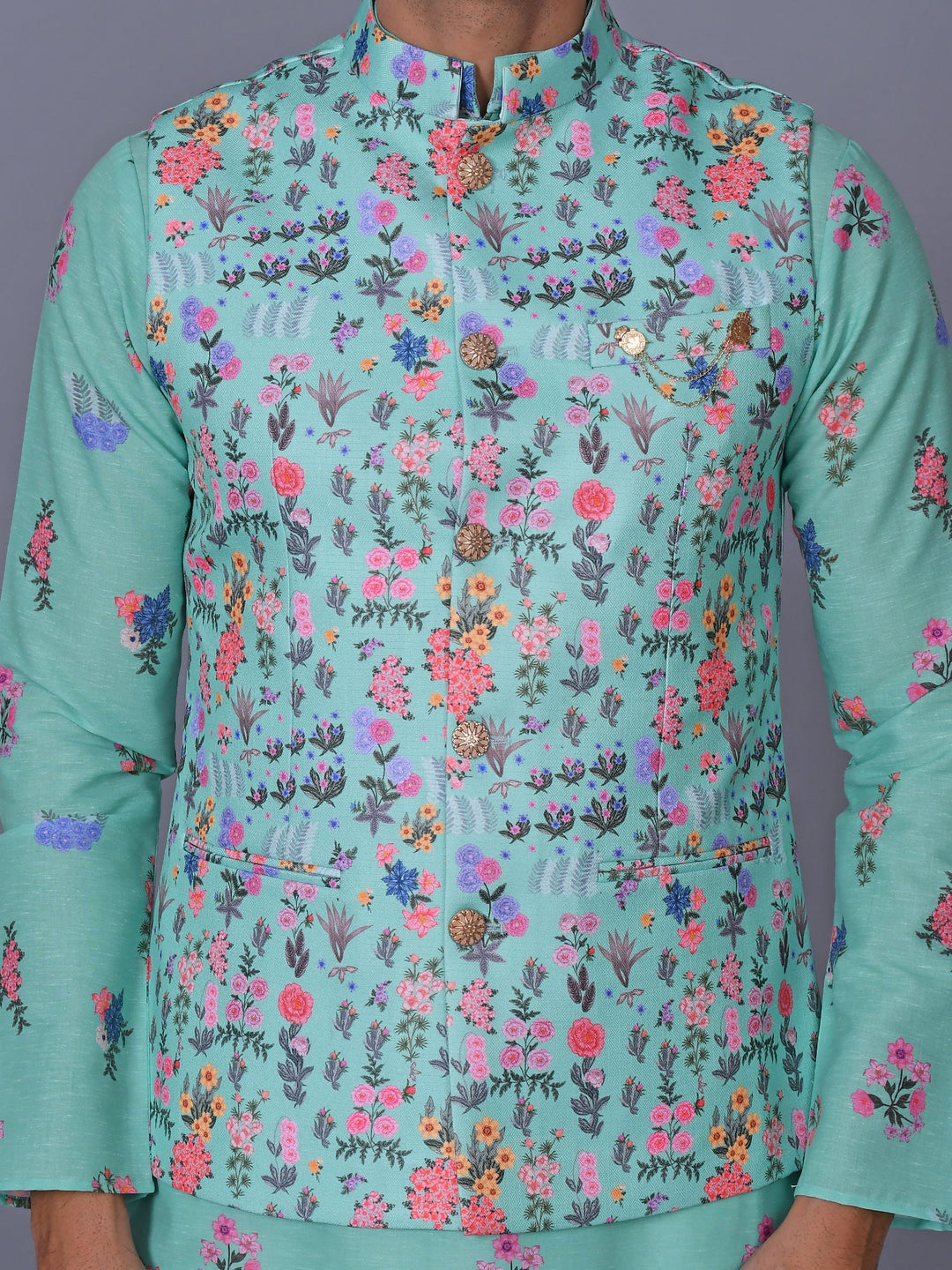 Floral Teal Jacket Kurta Set | Festive Silk Blend Churidar Outfit