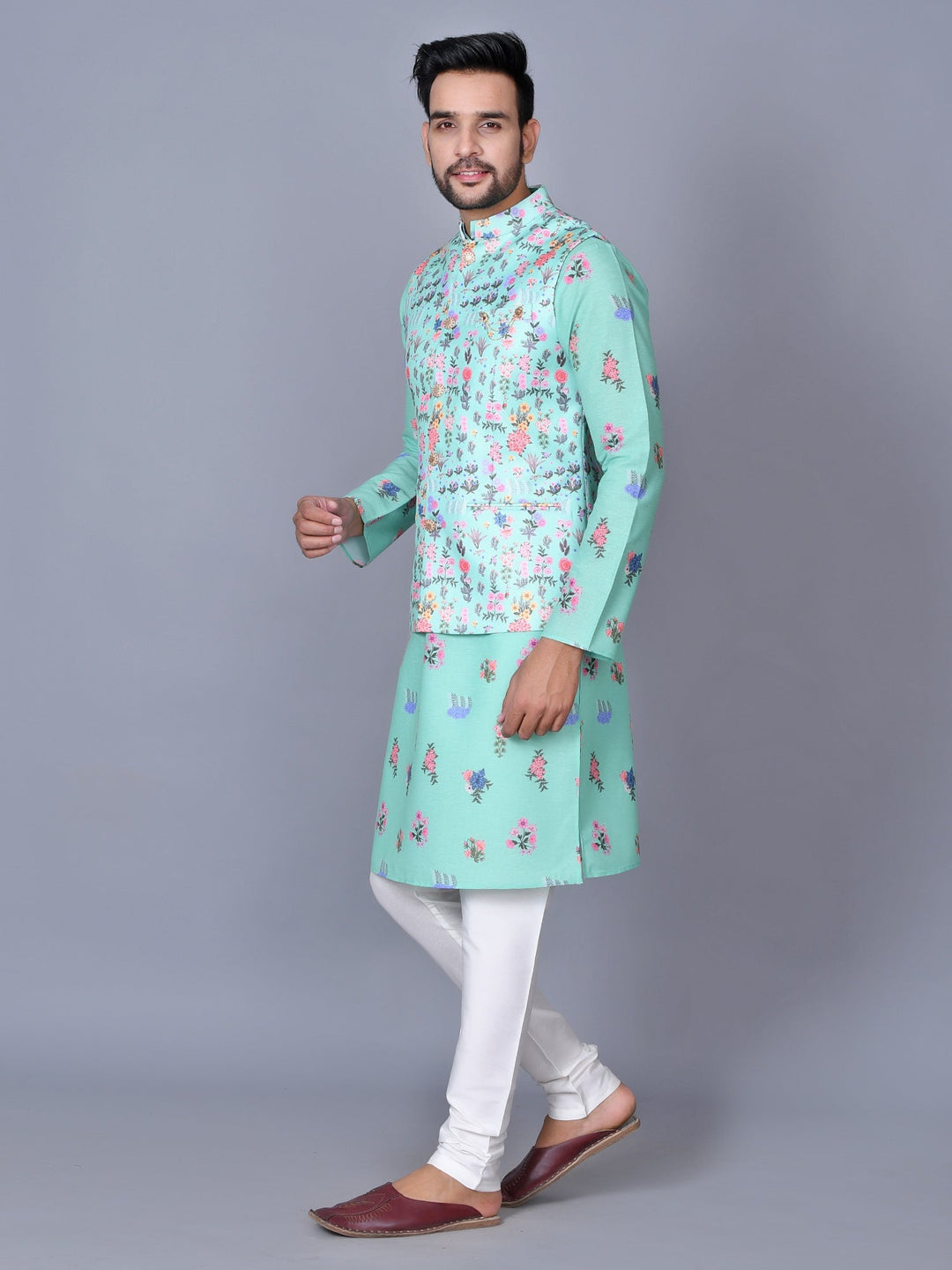 Floral Teal Jacket Kurta Set | Festive Silk Blend Churidar Outfit