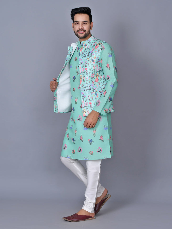 Floral Teal Jacket Kurta Set | Festive Silk Blend Churidar Outfit