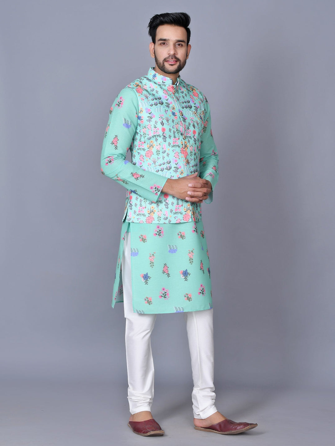 Floral Teal Jacket Kurta Set | Festive Silk Blend Churidar Outfit