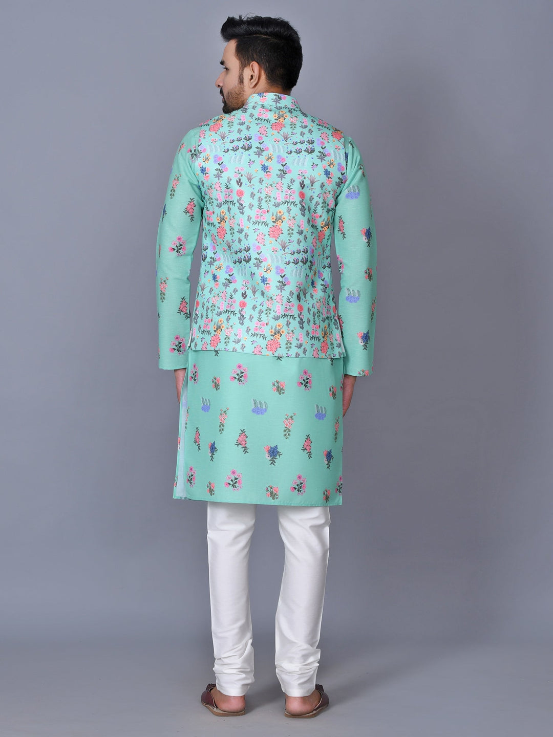 Floral Teal Jacket Kurta Set | Festive Silk Blend Churidar Outfit