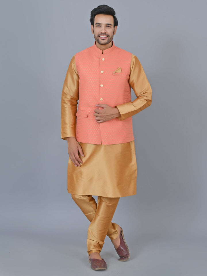 Ethnic Motifs Peach Jacket Kurta Set | Festive Cotton Blend Jacket Set