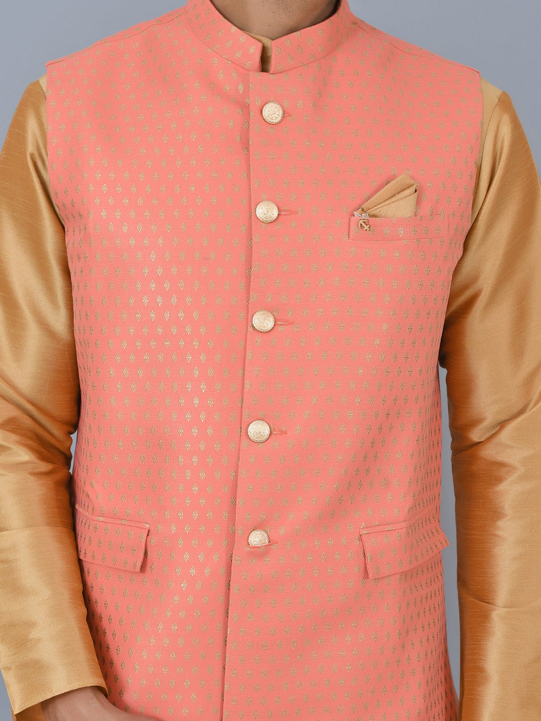 Ethnic Motifs Peach Jacket Kurta Set | Festive Cotton Blend Jacket Set