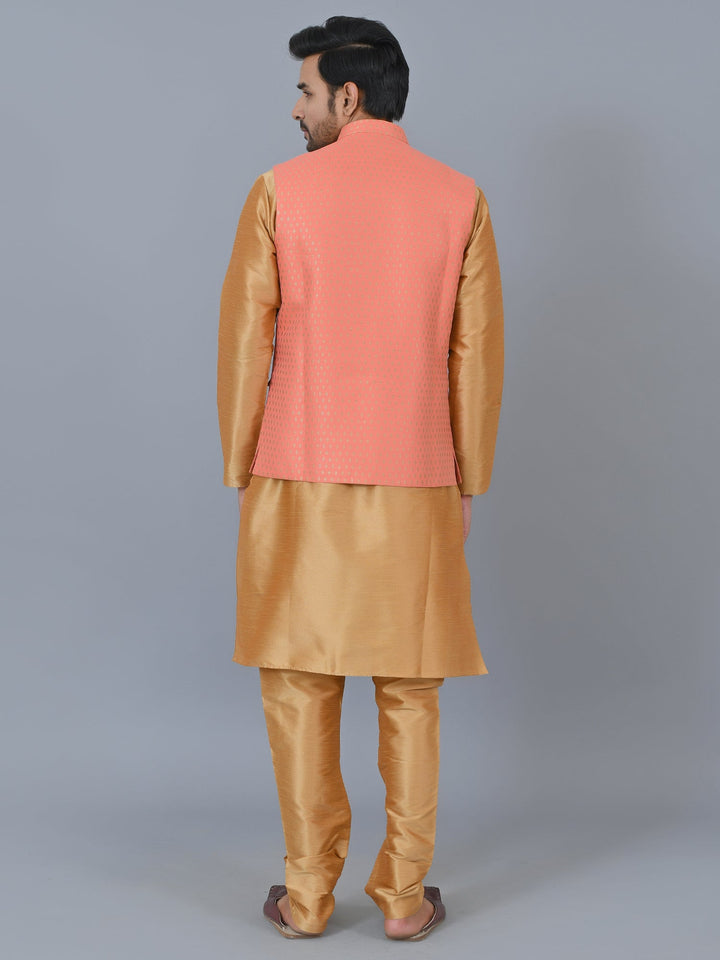 Ethnic Motifs Peach Jacket Kurta Set | Festive Cotton Blend Jacket Set