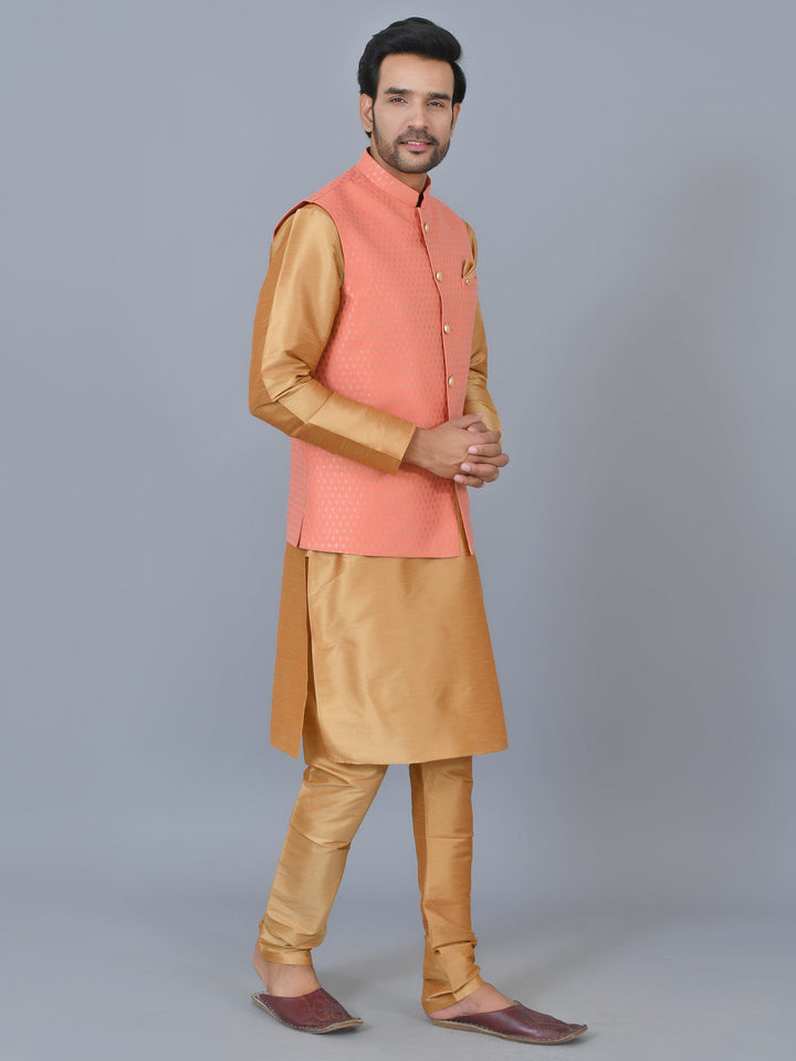 Ethnic Motifs Peach Jacket Kurta Set | Festive Cotton Blend Jacket Set