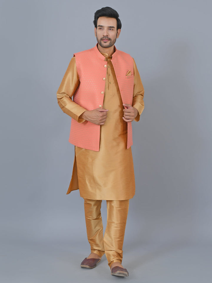 Ethnic Motifs Peach Jacket Kurta Set | Festive Cotton Blend Jacket Set