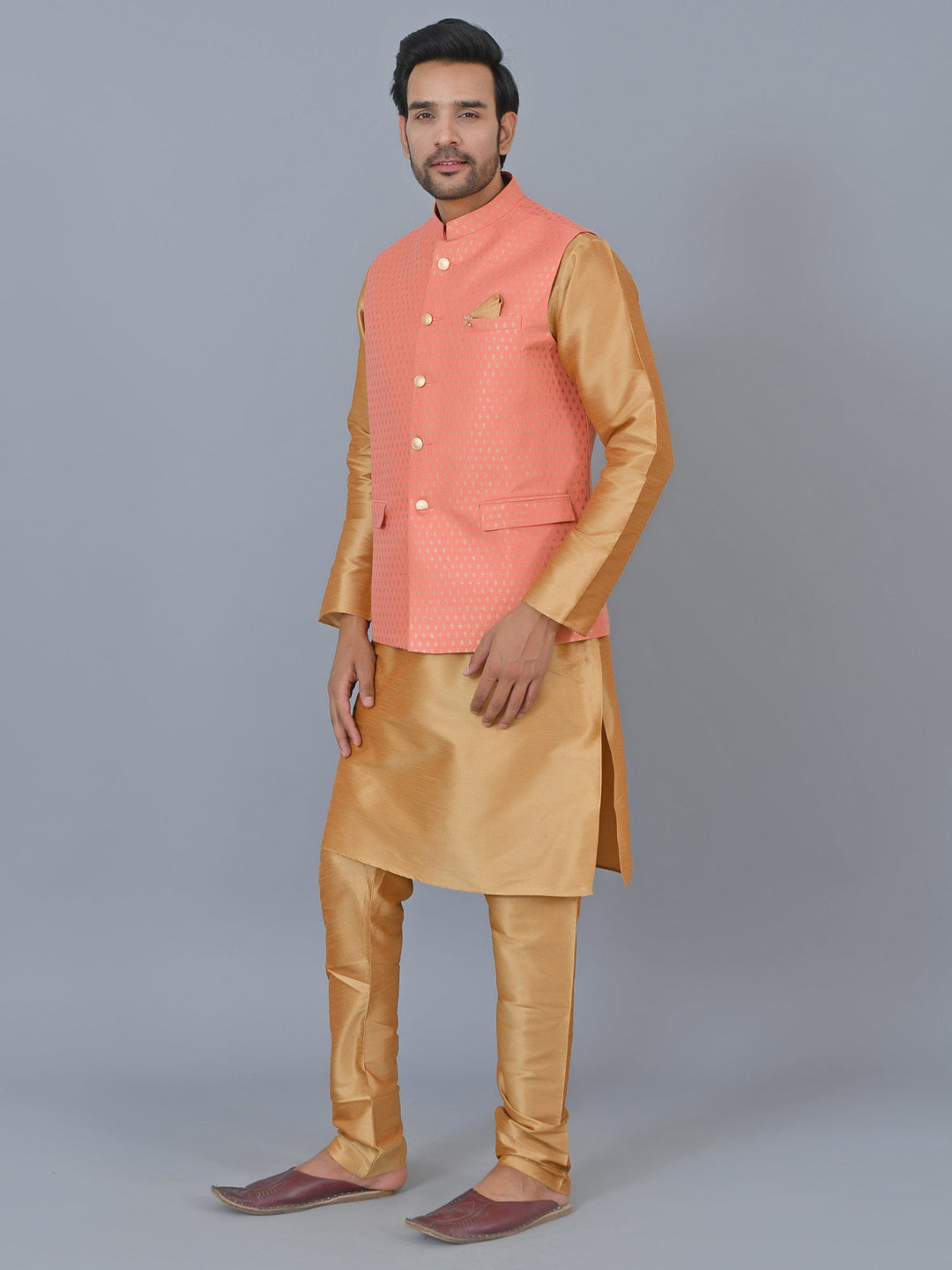 Ethnic Motifs Peach Jacket Kurta Set | Festive Cotton Blend Jacket Set