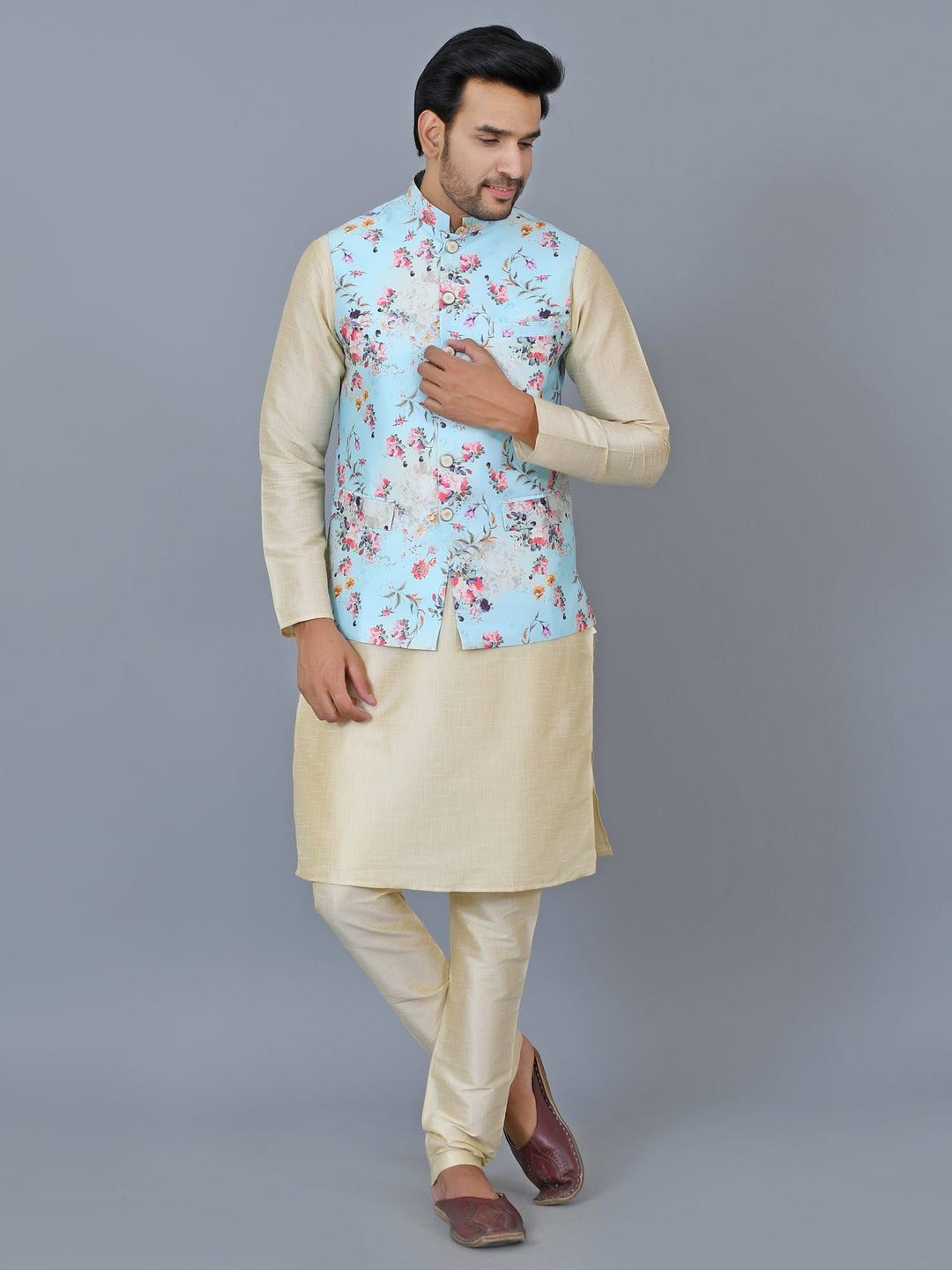 Floral Print Jacket Kurta Set | Festive Cotton Blend Pyjama Outfit