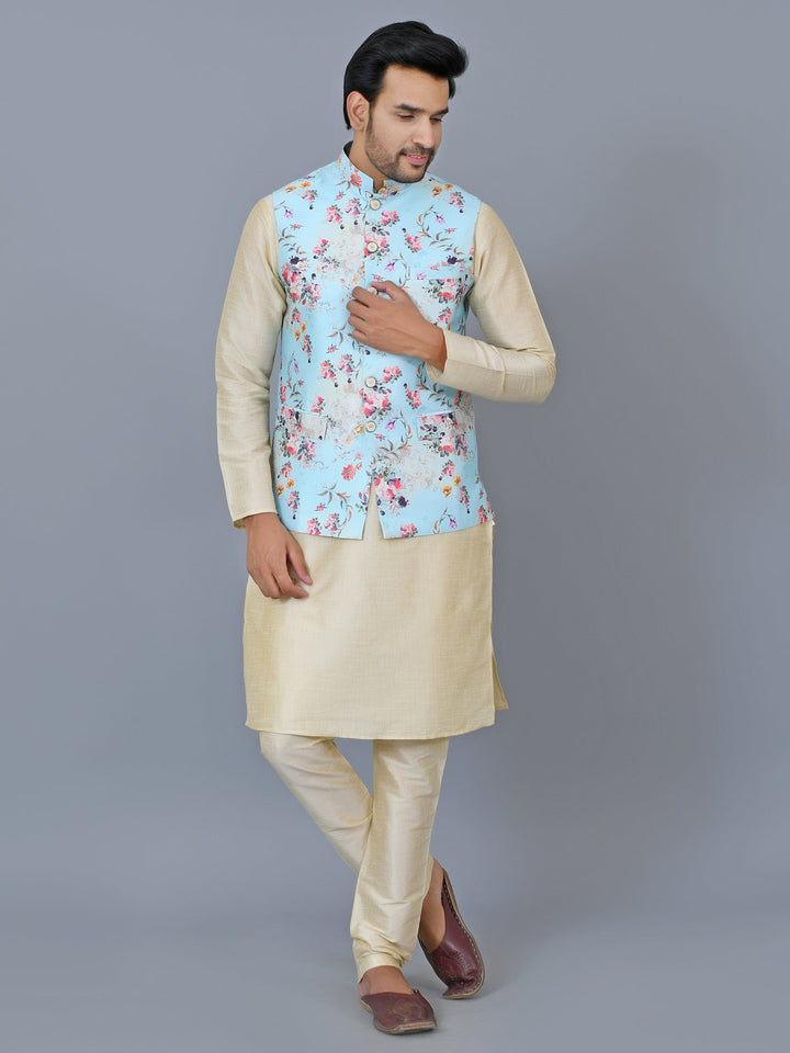 Floral Print Jacket Kurta Set | Festive Cotton Blend Pyjama Outfit