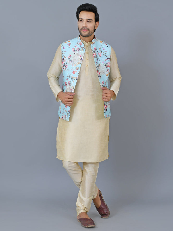 Floral Print Jacket Kurta Set | Festive Cotton Blend Pyjama Outfit