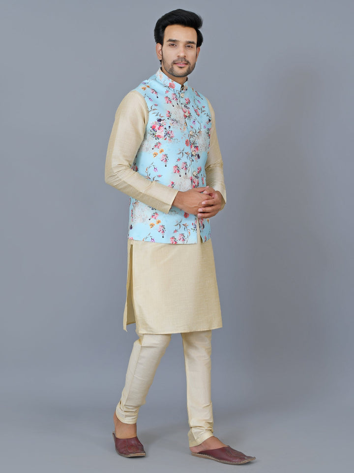 Floral Print Jacket Kurta Set | Festive Cotton Blend Pyjama Outfit