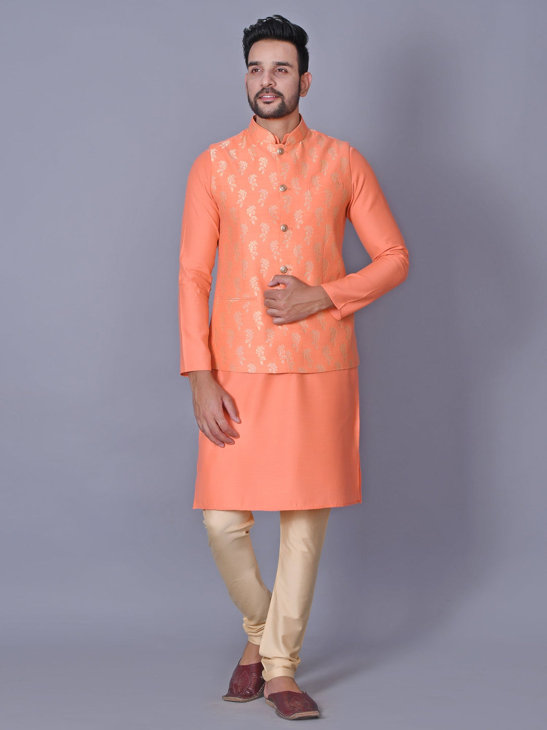 Floral Peach Jacket Kurta Set | Festive Cotton Blend Traditional Attire