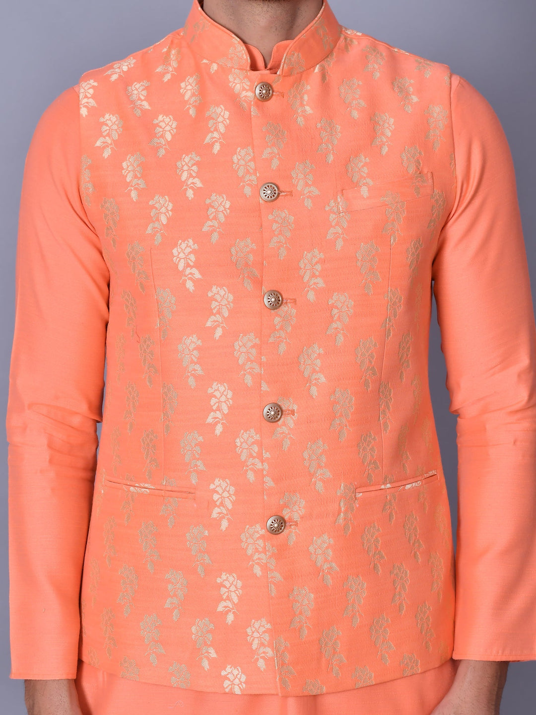 Floral Peach Jacket Kurta Set | Festive Cotton Blend Traditional Attire