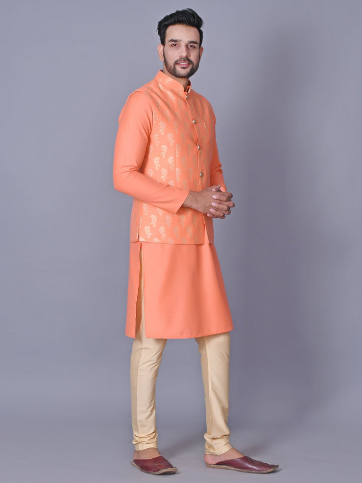 Floral Peach Jacket Kurta Set | Festive Cotton Blend Traditional Attire