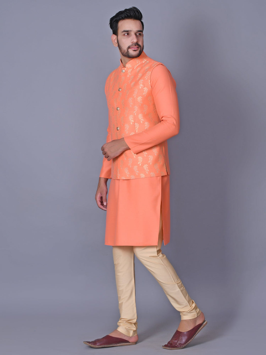 Floral Peach Jacket Kurta Set | Festive Cotton Blend Traditional Attire