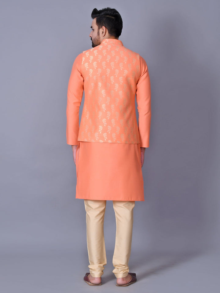 Floral Peach Jacket Kurta Set | Festive Cotton Blend Traditional Attire