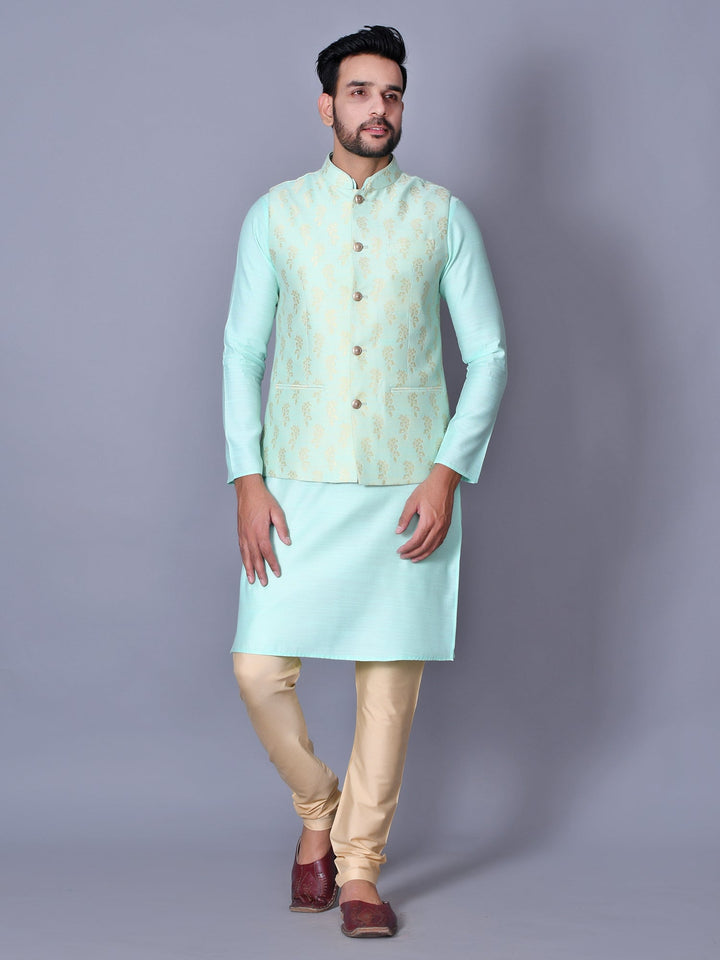 Floral Jacket Kurta Set | Sea Green Churidar with Knee Length Design