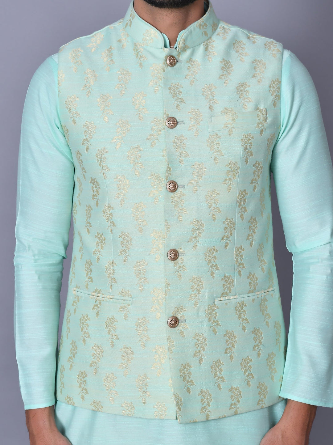 Floral Jacket Kurta Set | Sea Green Churidar with Knee Length Design