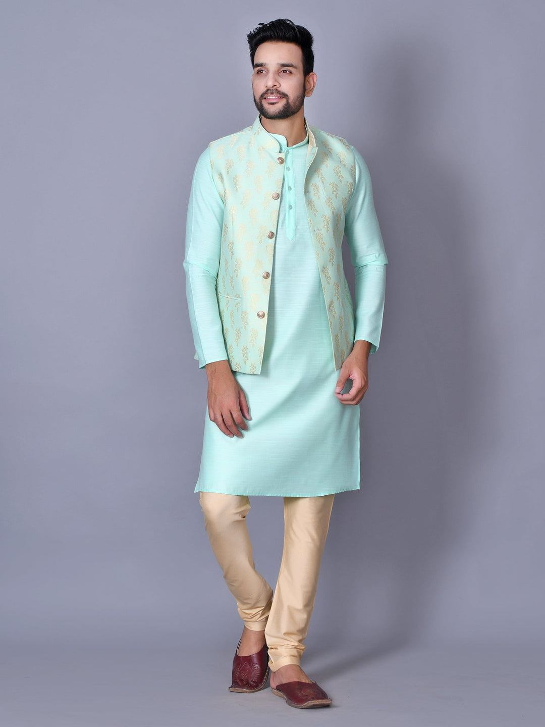 Floral Jacket Kurta Set | Sea Green Churidar with Knee Length Design