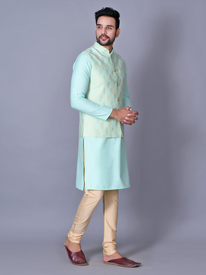 Floral Jacket Kurta Set | Sea Green Churidar with Knee Length Design