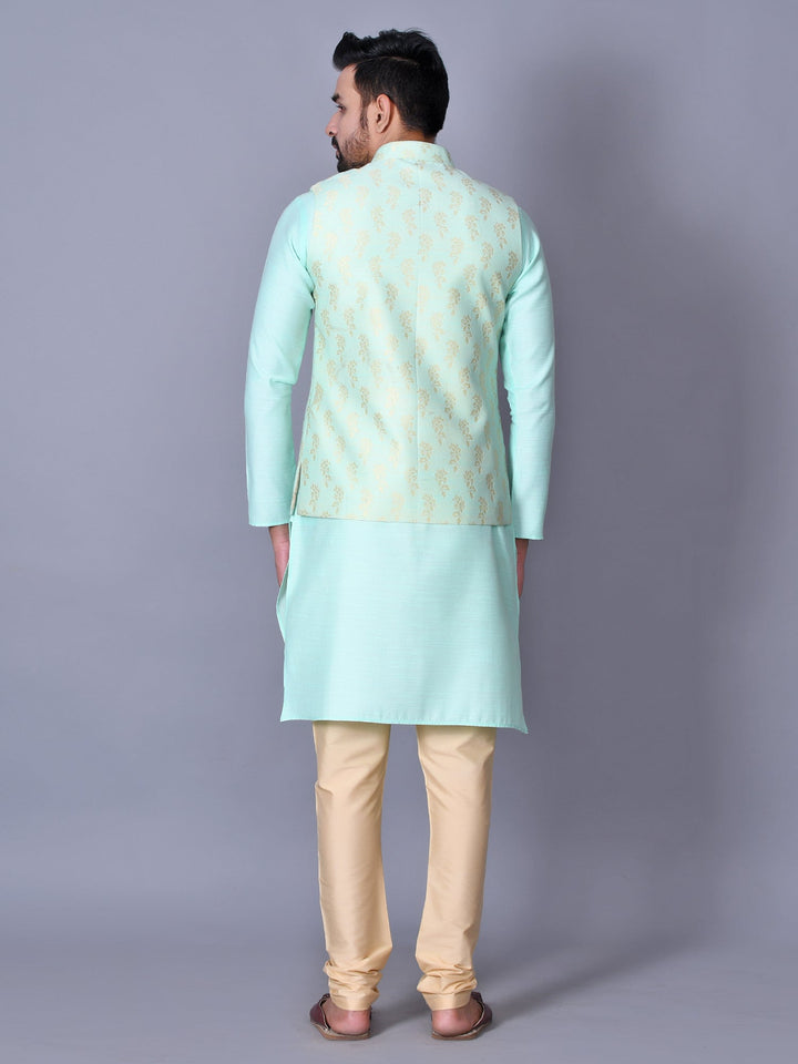 Floral Jacket Kurta Set | Sea Green Churidar with Knee Length Design