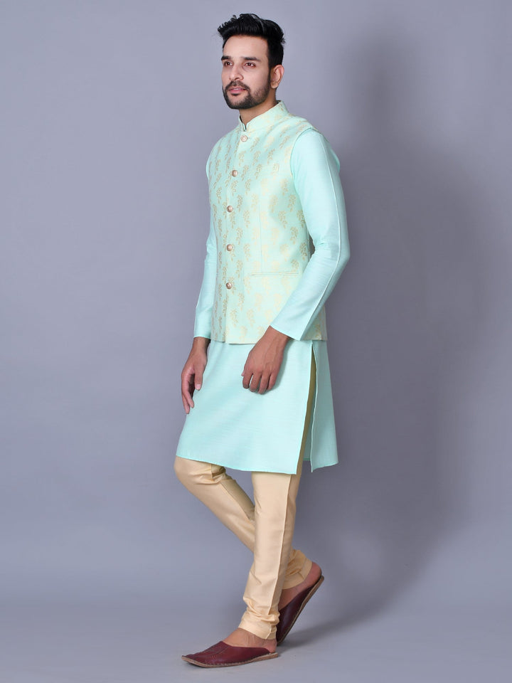 Floral Jacket Kurta Set | Sea Green Churidar with Knee Length Design