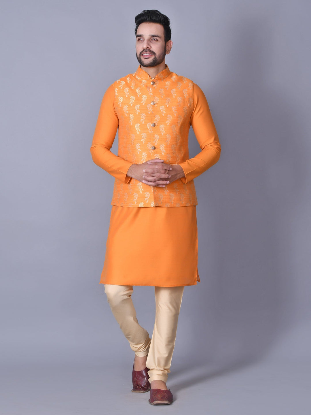 Jacket Kurta Set | Floral Orange Cotton Blend Jacket with Churidar