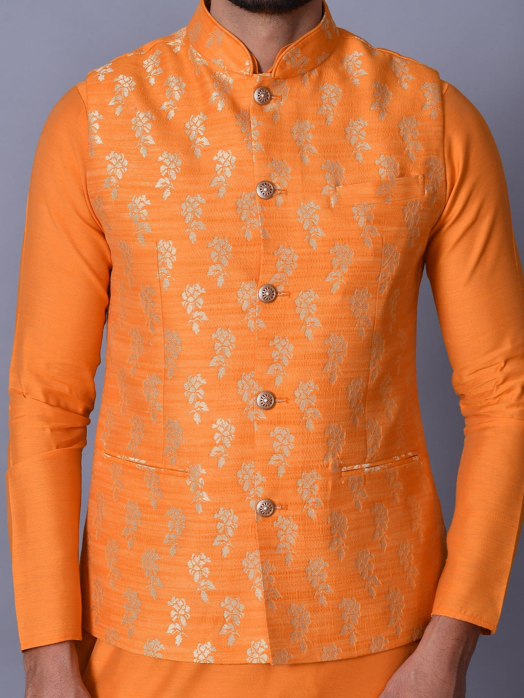 Jacket Kurta Set | Floral Orange Cotton Blend Jacket with Churidar