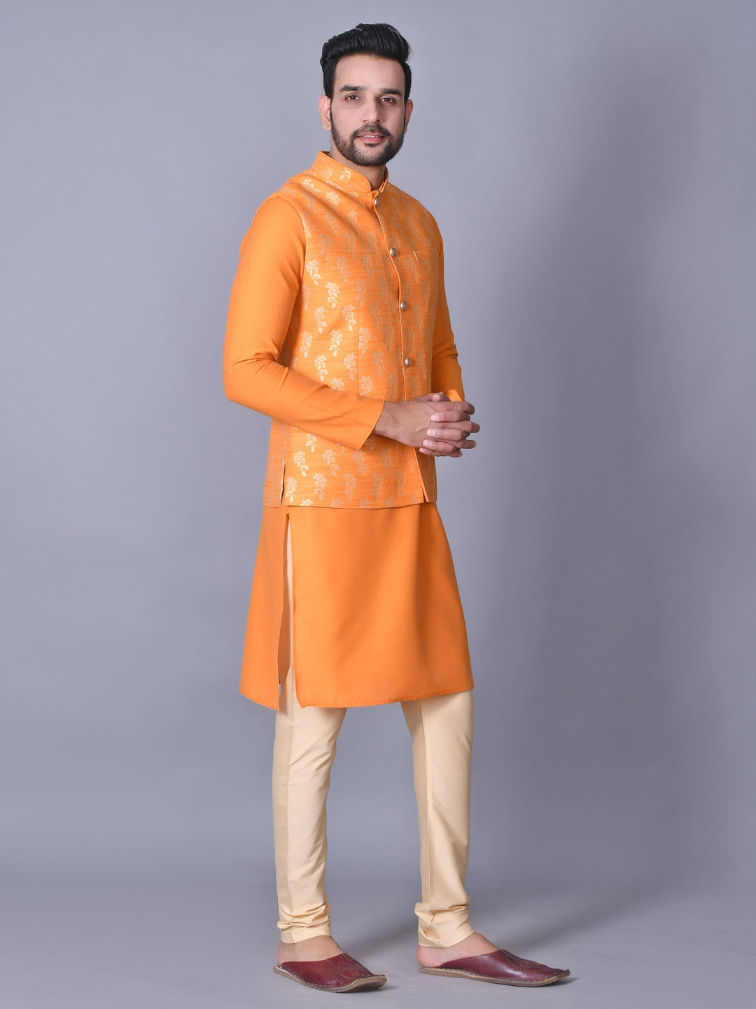 Jacket Kurta Set | Floral Orange Cotton Blend Jacket with Churidar