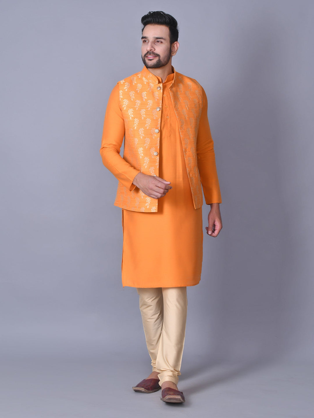 Jacket Kurta Set | Floral Orange Cotton Blend Jacket with Churidar